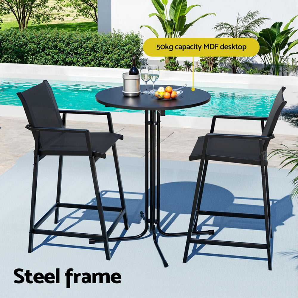 Outdoor patio set with high chairs and a table by a pool, featuring a 50kg capacity MDF desktop.