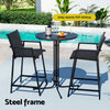 Outdoor patio set with high chairs and a table by a pool, featuring a 50kg capacity MDF desktop.