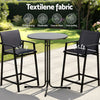 Outdoor patio set with high chairs and a table on a patio, featuring Textilene fabric with benefits listed.