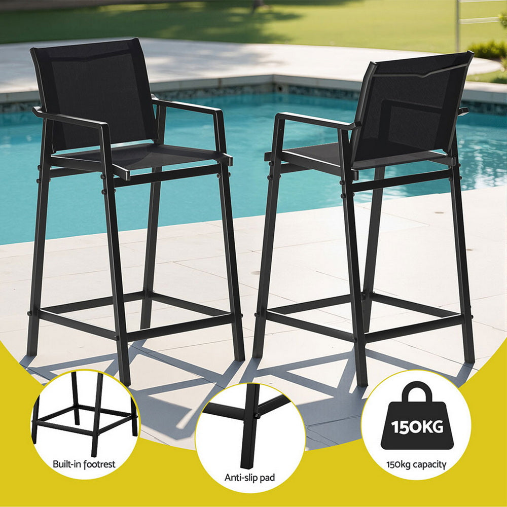 Two black outdoor bar stools with features highlighted near a pool.