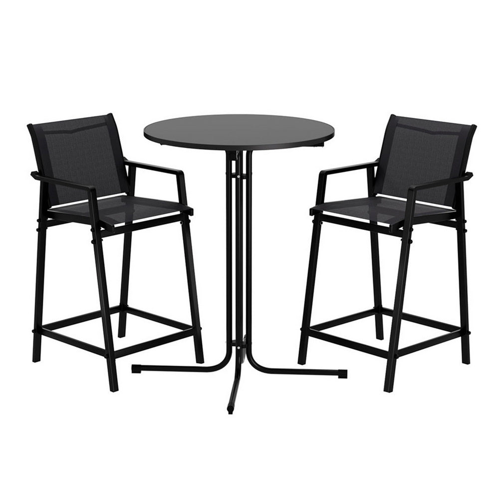 Black metal table with two matching chairs on a white background