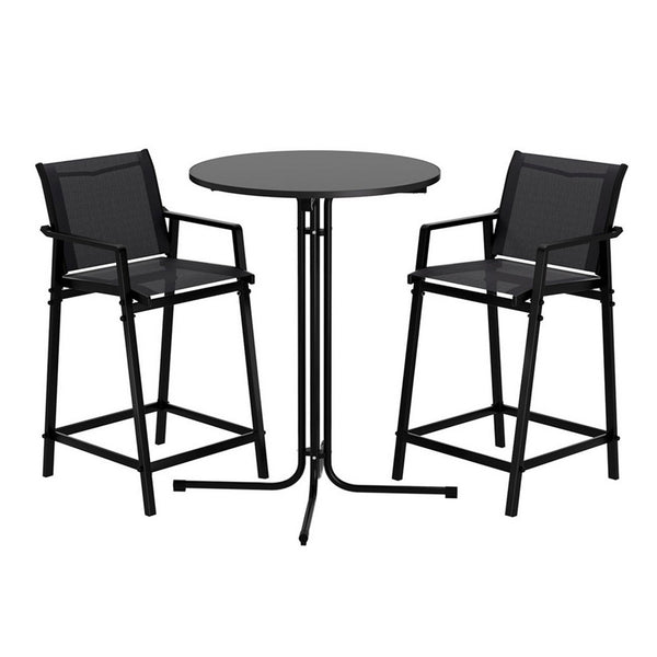 Black metal table with two matching chairs on a white background