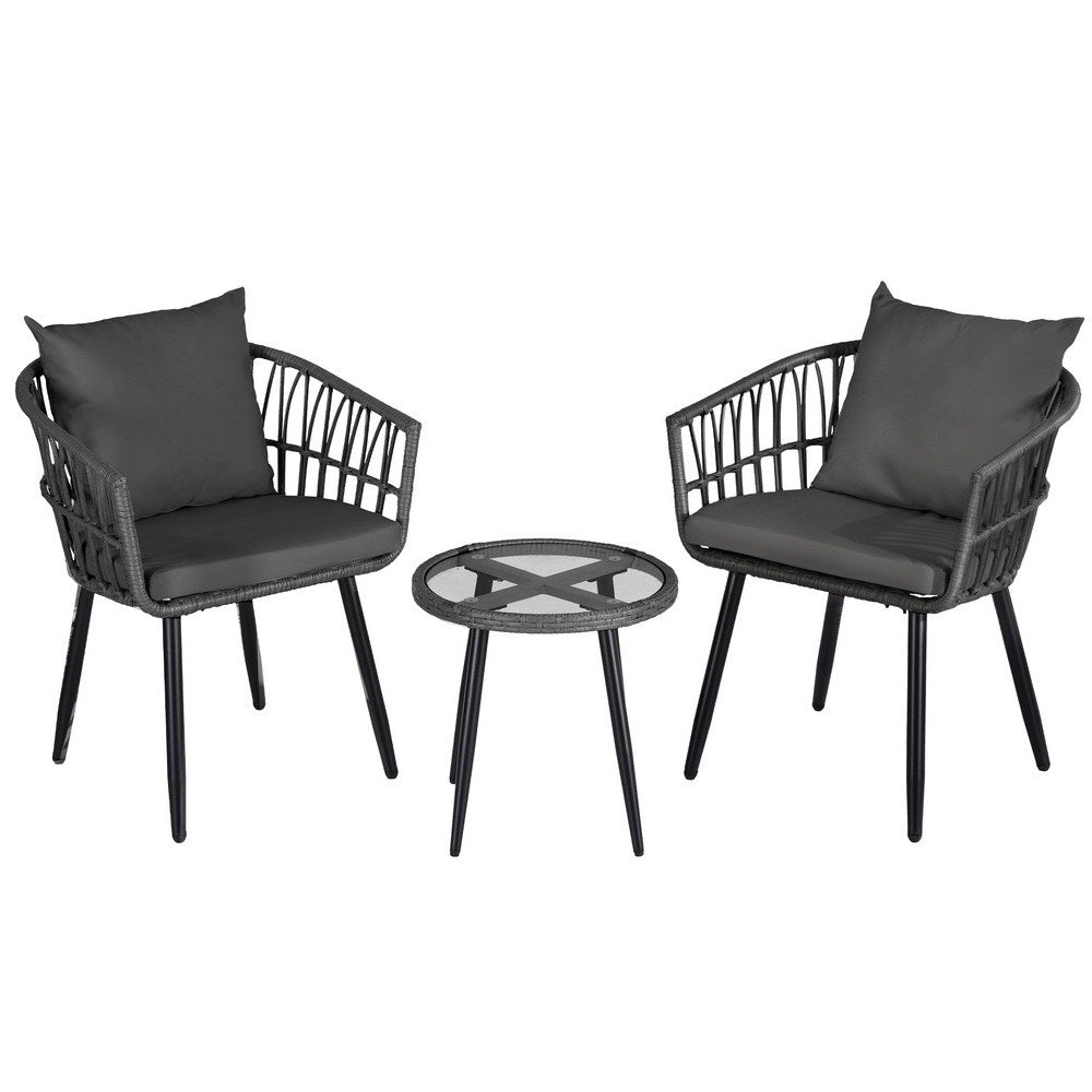 Two dark gray chairs with cushions and a matching round table on a white background