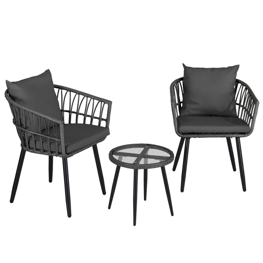 Black outdoor furniture set with two chairs and a table on a white background