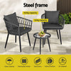 Outdoor furniture set with chairs and a table on a patio, featuring steel frame and wicker design.