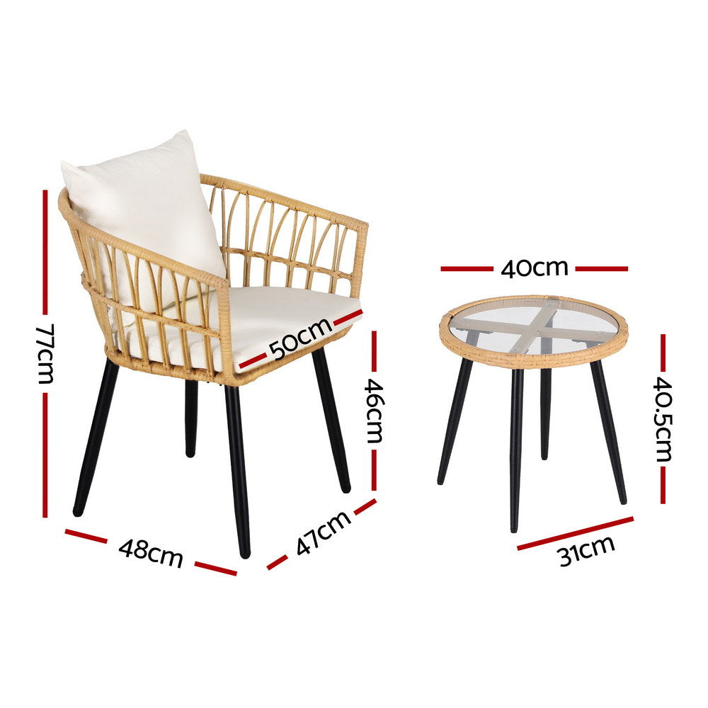 Wicker chair and round table with dimensions marked on a white background