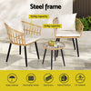 Outdoor furniture set with wicker chairs and a small table on a patio, featuring text on capacity and product features.