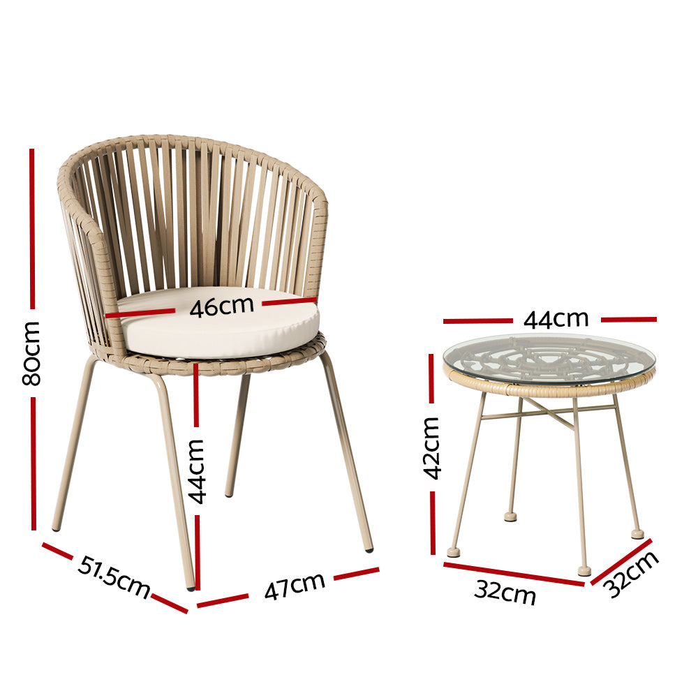 A beige chair with rope weaving and a matching beige coffee table with a glass top, showing its measurements on a white background.