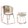 A beige chair with rope weaving and a matching beige coffee table with a glass top, showing its measurements on a white background.