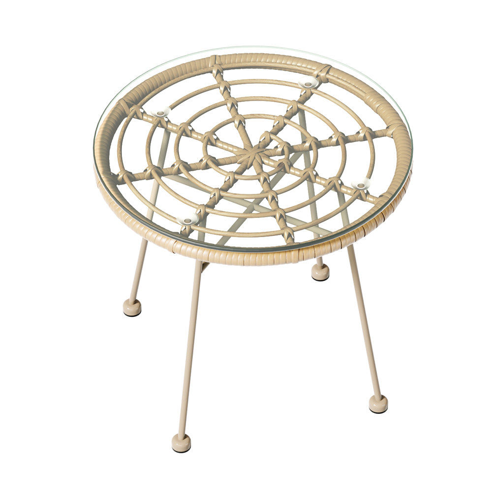 Top view of a beige coffee table with a glass top, on a white background.