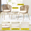 Three-piece bistro set including two beige chairs with rope weaving and a matching beige coffee table with a glass top, in a patio setting. There are 3 inset images showcasing the cushions - their thickness, removable covers and water resistant. 