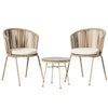A three-piece outdoor bistro set including two beige chairs with rope weaving and a matching beige coffee table with a glass top, on a white background.