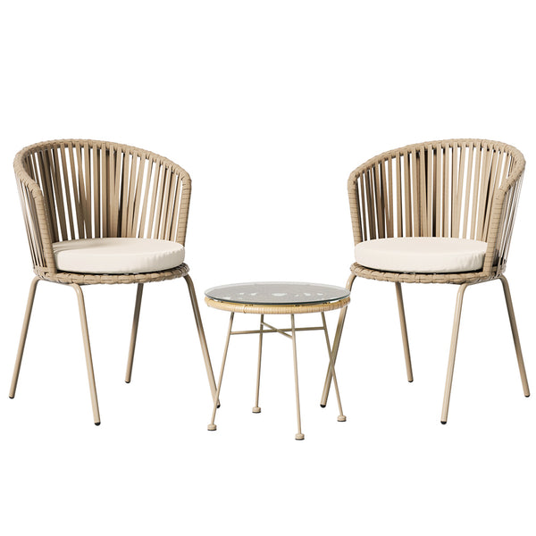 A three-piece outdoor bistro set including two beige chairs with rope weaving and a matching beige coffee table with a glass top, on a white background.