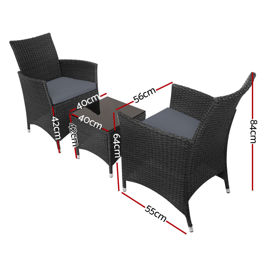 Three-piece outdoor bistro set of two black wicker chairs with cushions and a matching black wicker side table with a glass top, showing its dimensions and set against a white background.