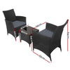 Three-piece outdoor bistro set of two black wicker chairs with cushions and a matching black wicker side table with a glass top, showing its dimensions and set against a white background.