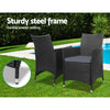 Two black wicker chairs with cushions on a green lawn, beside a pool with tree hedging in the background, an inserted image showing close-up of the chair leg.