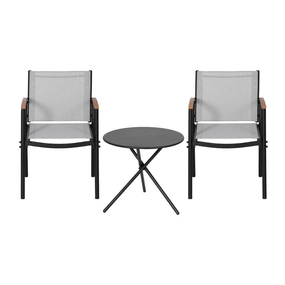 Two chairs with black frames and gray mesh seats, paired with a small round table on a white background.