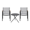 Two chairs with black frames and gray mesh seats, paired with a small round table on a white background.