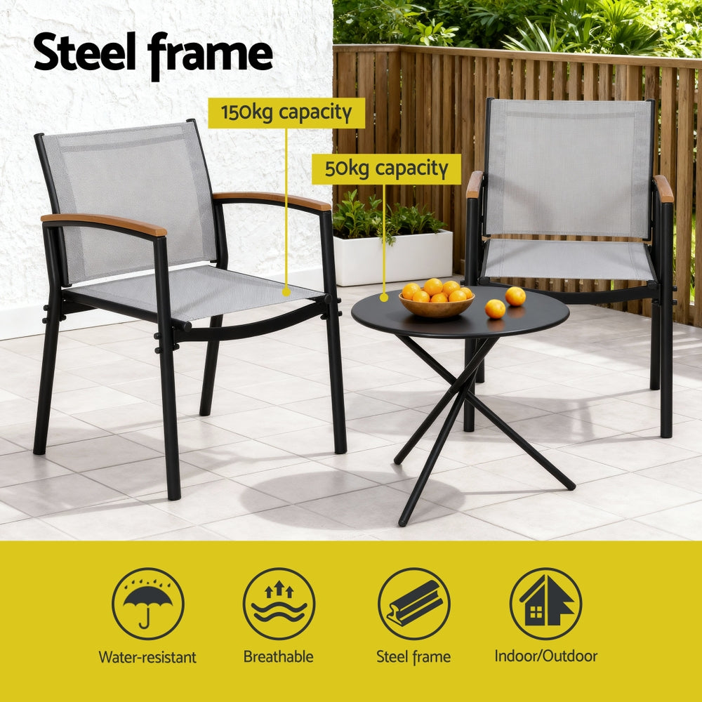 Outdoor furniture set with two chairs and a small table on a patio, featuring a steel frame and capacity information.