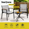 Outdoor furniture set with two chairs and a small table on a patio, featuring a steel frame and capacity information.