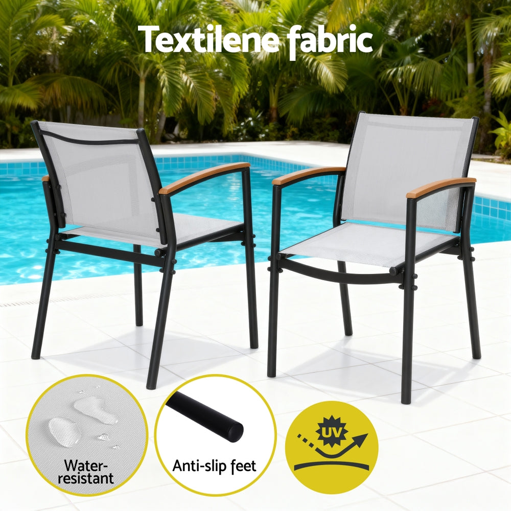 Two outdoor chairs with textilene fabric by a pool, featuring water-resistant, anti-slip feet, and UV protection.