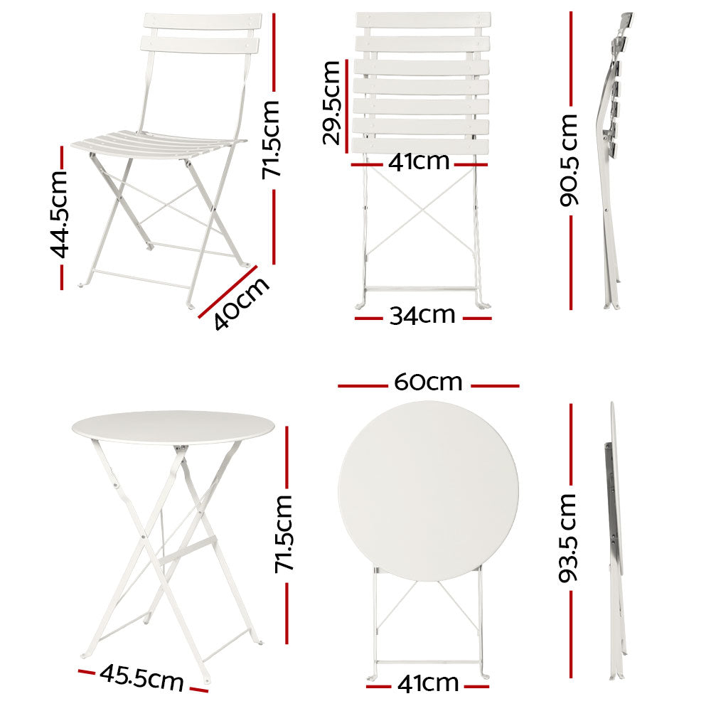 Gardeon Outdoor Bistro furniture showing 6 images - a folding Table and Chair in open and folded 'front on and side views'. All are showing measurements, in White colour and set on a white background.