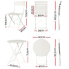 Gardeon Outdoor Bistro furniture showing 6 images - a folding Table and Chair in open and folded 'front on and side views'. All are showing measurements, in White colour and set on a white background.