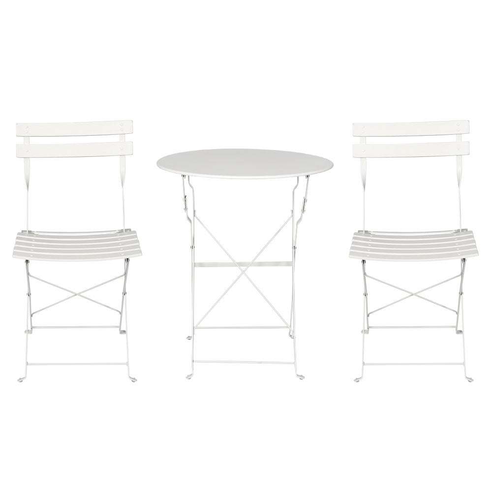 A Gardeon 3PC Outdoor Bistro Set consisting of a folding Steel Table and two folding Chairs facing forwards in White and set on a white background.