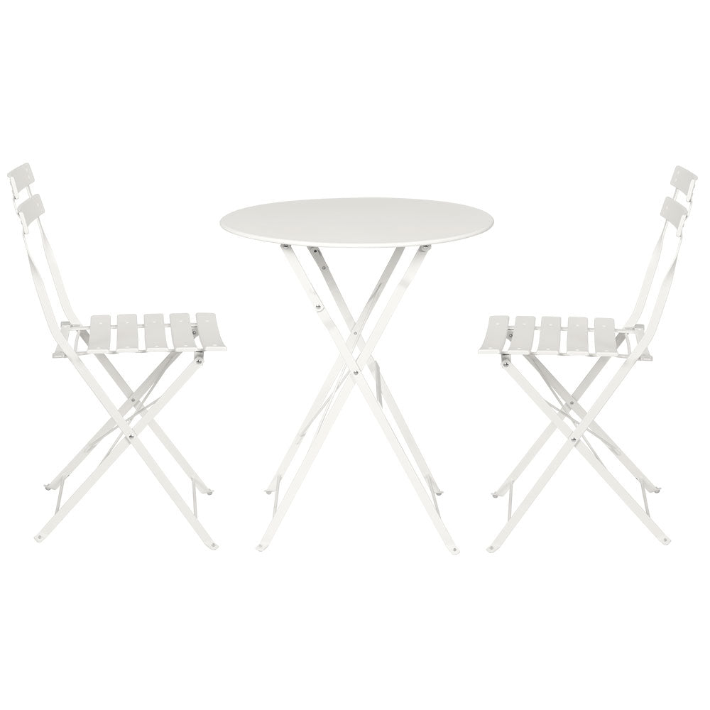 A Gardeon 3PC Outdoor Bistro Set consisting of a folding Steel Table and two folding Chairs facing the table in White and set on a white background.