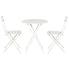 A Gardeon 3PC Outdoor Bistro Set consisting of a folding Steel Table and two folding Chairs facing the table in White and set on a white background.