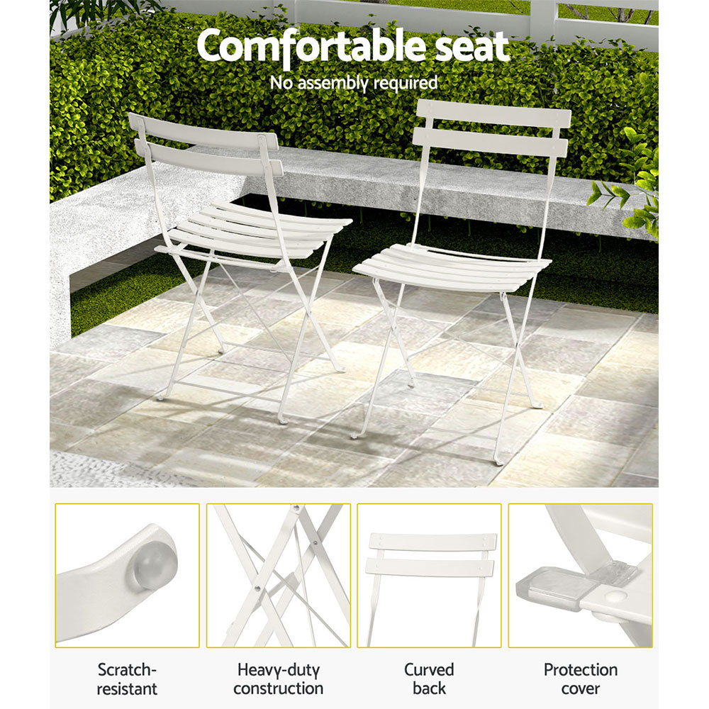 Two folding Chairs in White in garden setting, there are also 4 inset close-up images at the bottom showing the chairs are scratch resistant, heavy-duty construction, its curved back and protection cover.