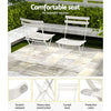 Two folding Chairs in White in garden setting, there are also 4 inset close-up images at the bottom showing the chairs are scratch resistant, heavy-duty construction, its curved back and protection cover.