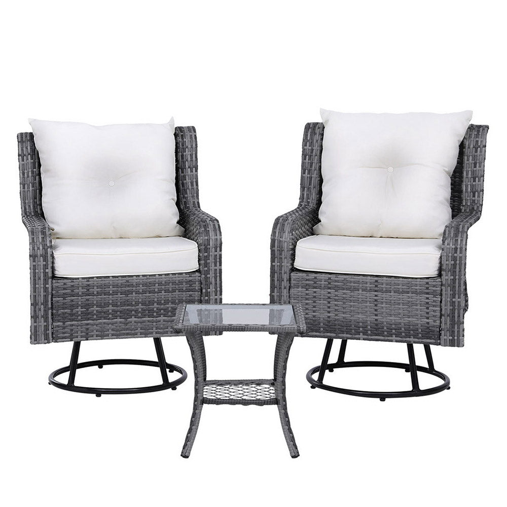 Three-piece outdoor furniture set featuring a table and two chairs with grey weave pattern and white cushions, on a solid white background.