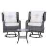 Three-piece outdoor furniture set featuring a table and two chairs with grey weave pattern and white cushions, on a solid white background.