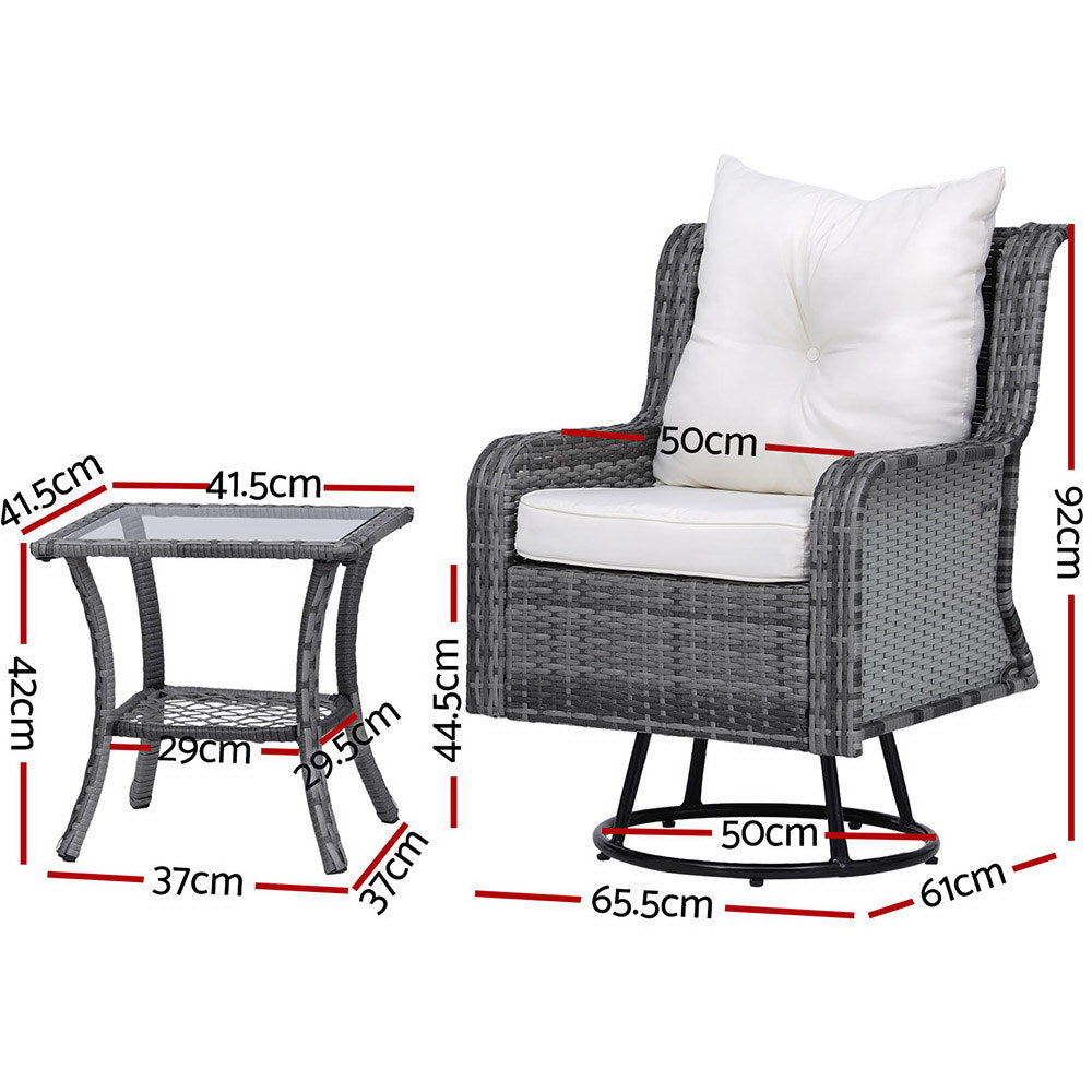An outdoor glass tabletop and chair with grey weave pattern and white cushions, on a solid white background showing their measurements.