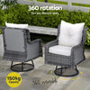Two outdoor chairs with grey weave pattern and white cushions, one facing forward and one facing backwards, showcasing their 150kg weight capacity and 360-degree rotating seats. Set in an outdoor patio setting on a cement tiled surface in front of a cement bench with hedges behind.