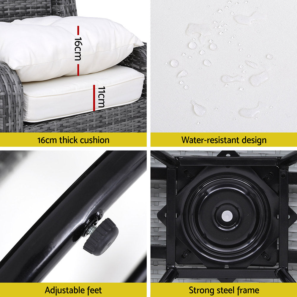 4-way split images showcasing parts of an outdoor chair - thick cushions, water resistance, adjustable feet and strong steel frame.