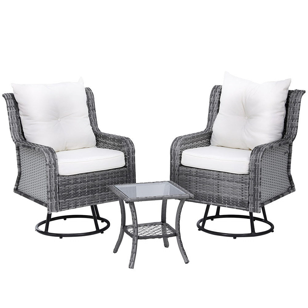 A 3-piece outdoor furniture set featuring a table and two chairs with grey weave pattern and white cushions, on a solid white background.