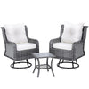 A 3-piece outdoor furniture set featuring a table and two chairs with grey weave pattern and white cushions, on a solid white background.