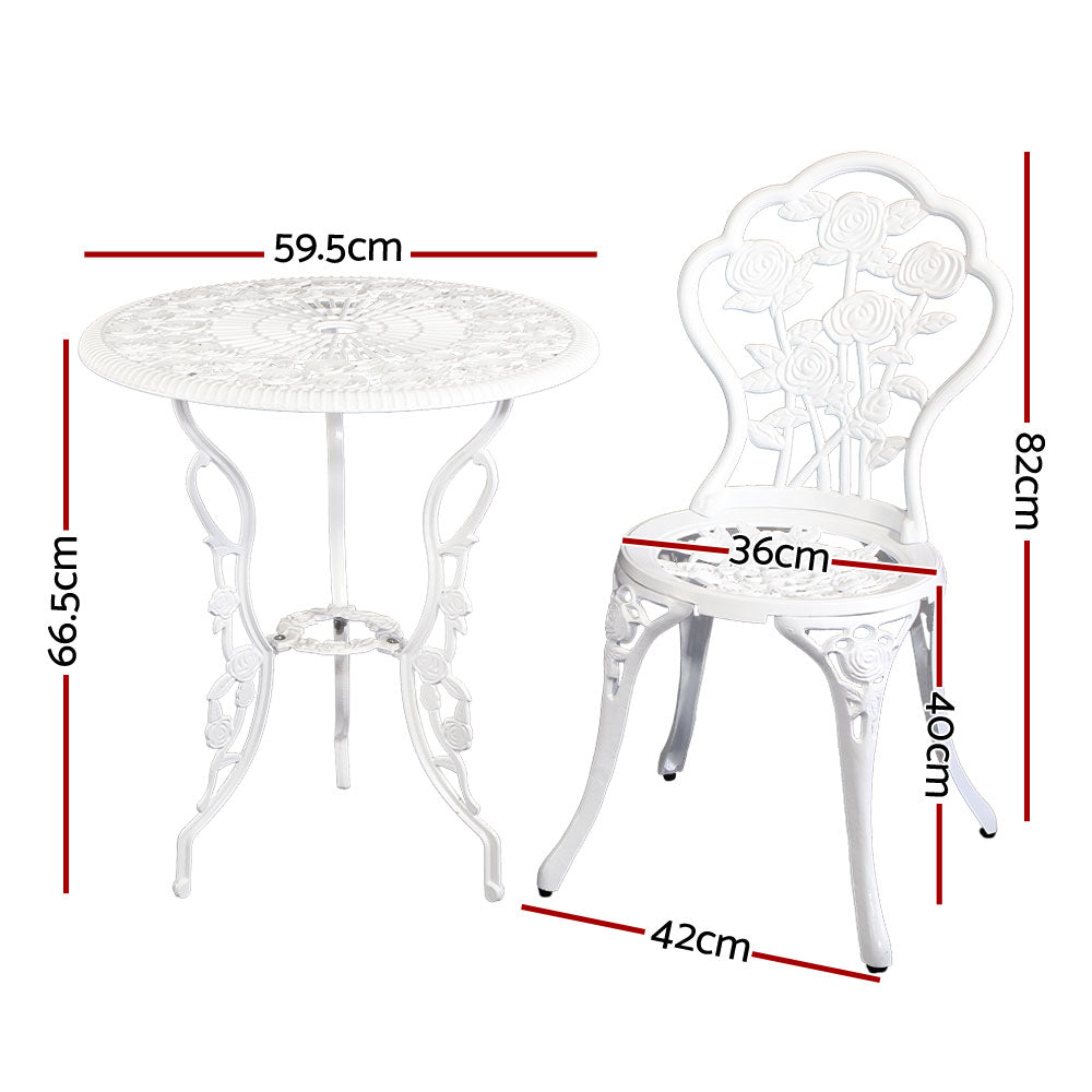 A white Gardeon chair and matching round table with rose designs, showing its dimensions and set against a white background.