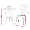 A white Gardeon chair and matching round table with rose designs, showing its dimensions and set against a white background.