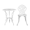 A white Gardeon chair front facing and matching round table with rose designs, set against a white background.