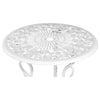 Close-up view of the top of a white Gardeon round table with rose designs, set against a white background.