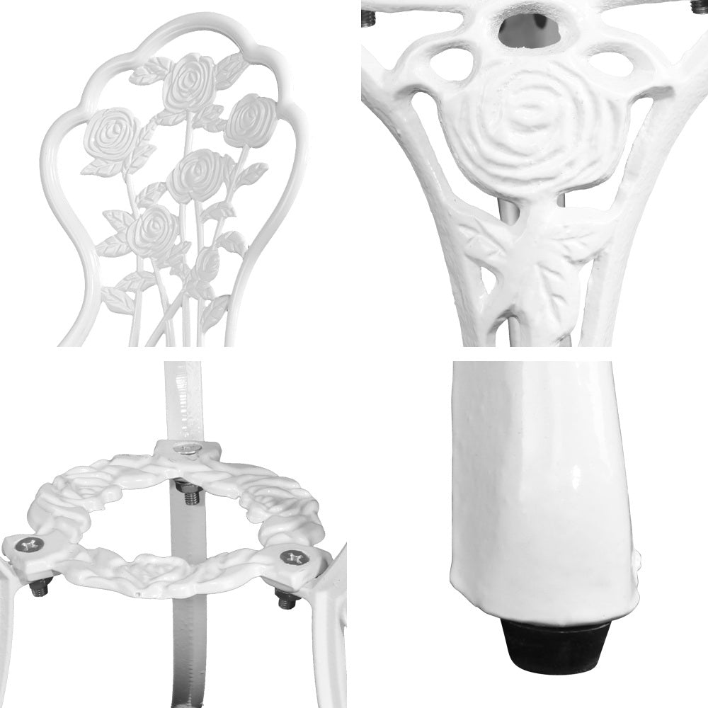 Close-up view of the base of a leg of a white Gardeon chair and the middle table section, with rose designs set against a white background.