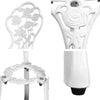 Close-up view of the base of a leg of a white Gardeon chair and the middle table section, with rose designs set against a white background.