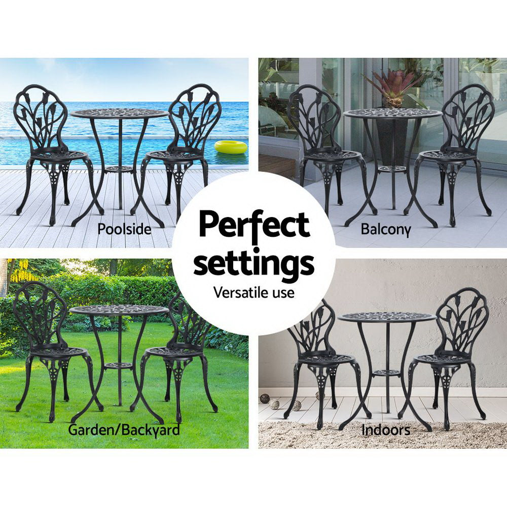 A black Gardeon bistro set including two chairs and a round table, made of cast aluminum with tulip designs. The image is split into four showcasing four different settings for versatility use - it is set at a poolside, on a balcony, in a garden/backyard and indoors.