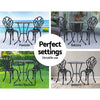 A black Gardeon bistro set including two chairs and a round table, made of cast aluminum with tulip designs. The image is split into four showcasing four different settings for versatility use - it is set at a poolside, on a balcony, in a garden/backyard and indoors.
