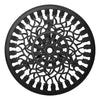 Close-up view of the black Gardeon round tabletop with intricate cut-out tulip flower patterns, and parasol hole in the middle on a white background setting.