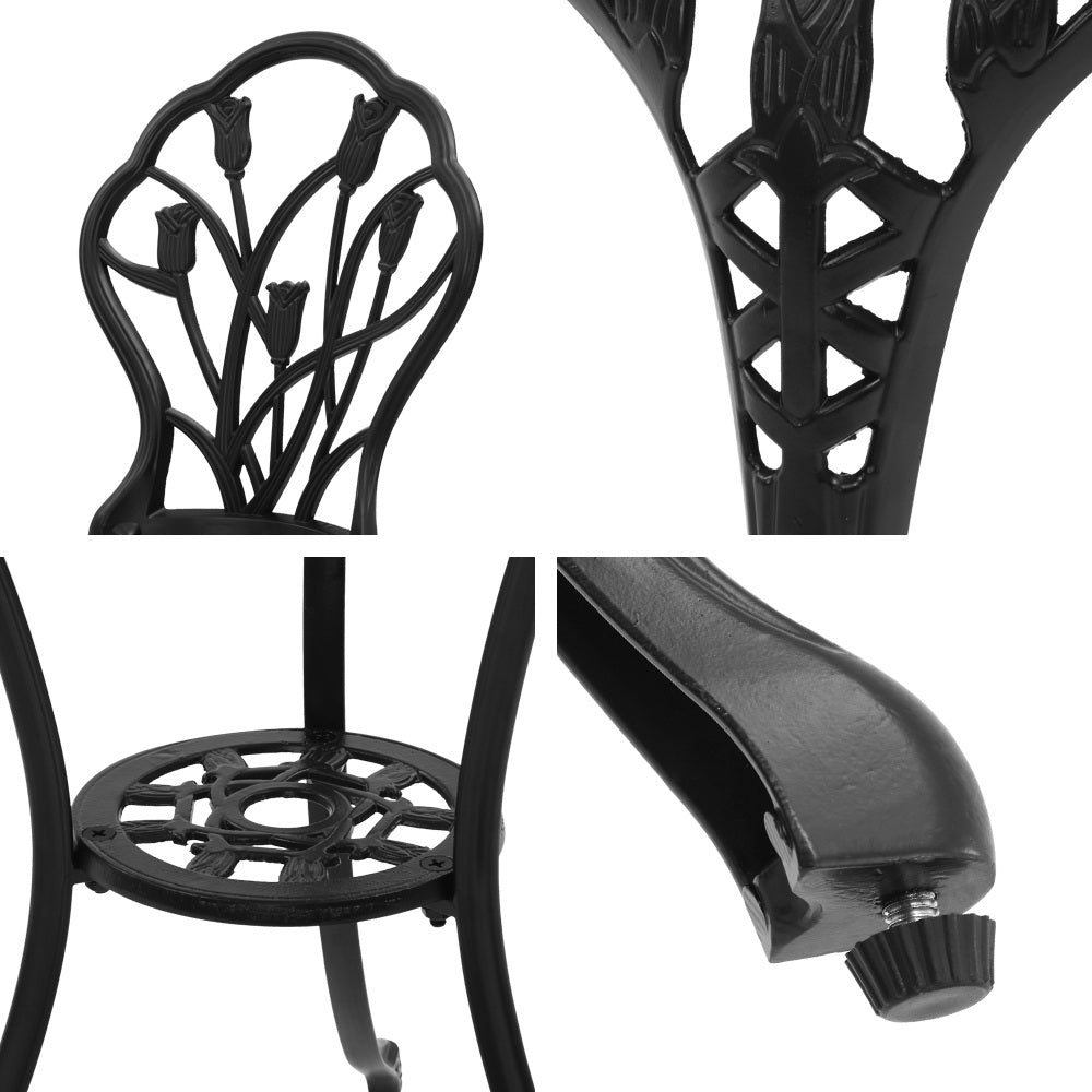Four-way split images with close-up views of the black Gardeon back part of the chair, top of leg, foot of leg and middle of table with intricate cut-out tulip flower patterns, all on a white background.