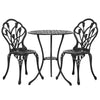 A black Gardeon 3-piece outdoor bistro set, including a round table and two chairs with a tulip floral pattern on the frame, made of cast aluminum, and set on a white background.
